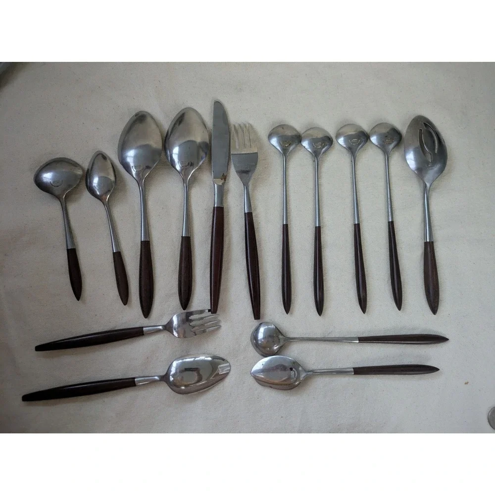 Lot of 15 Epic Forged Stainless Japan Flatware MCM Wood Handle Mixed